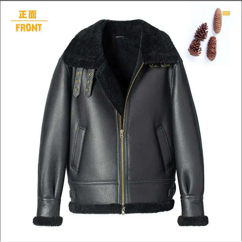 KIMLUD, Shearling Sheepskin Genuine Leather Coat Winter Male B3 Bomber Jacket Aviator Outerwear Trench Flight Men Thick Short Jacket, black / S, KIMLUD Womens Clothes