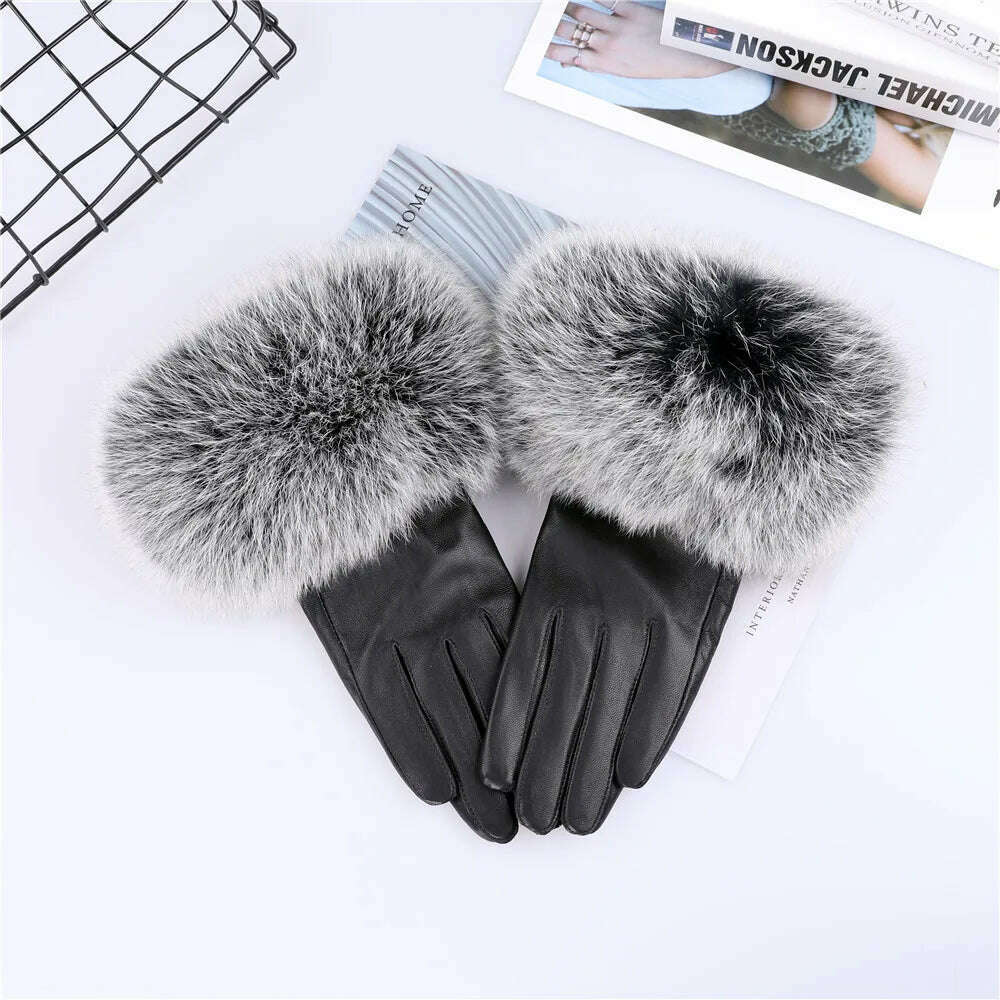 KIMLUD, Sheepskin Natural Fox Fur Trimming Gloves Women's Genuine Leather Wrist Warmer Glove Winter Warm Fashion  Mittens Fleece Lining, KIMLUD Women's Clothes