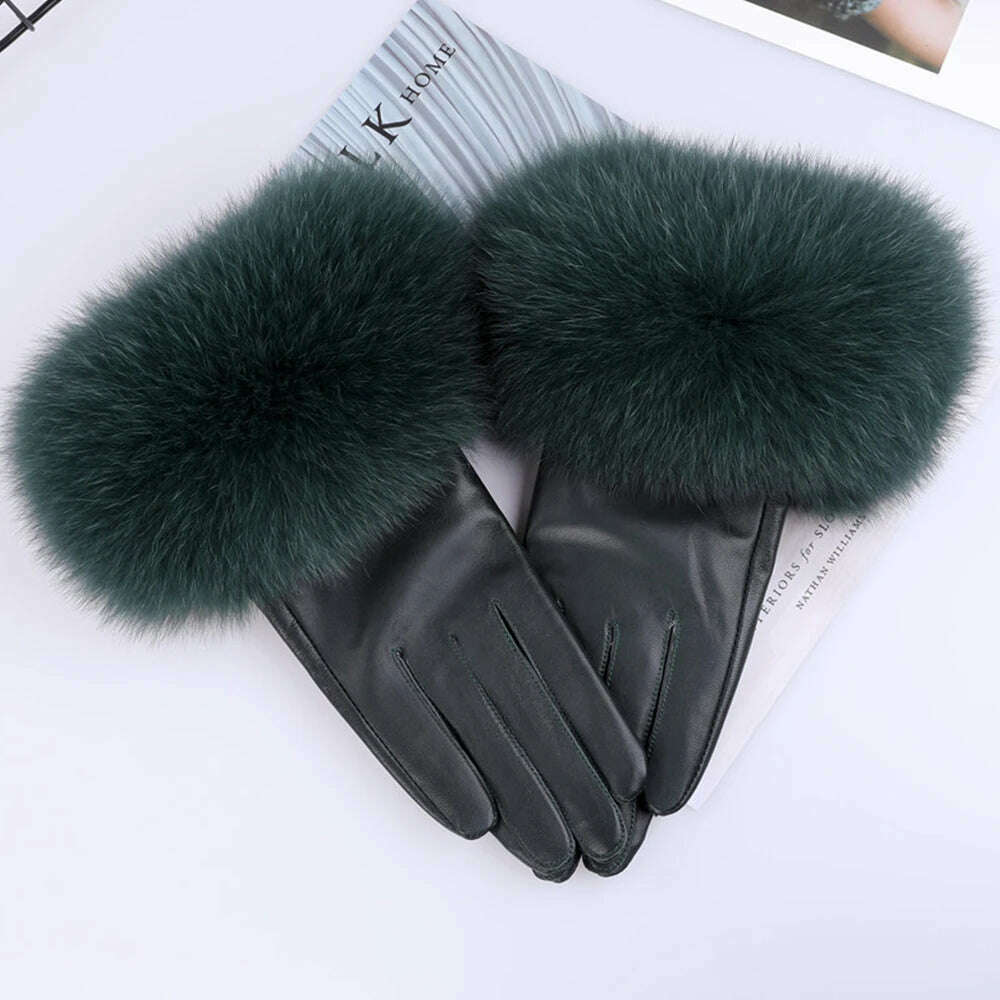 Sheepskin Natural Fox Fur Trimming Gloves Women's Genuine Leather Wrist Warmer Glove Winter Warm Fashion Mittens Fleece Lining - KIMLUD