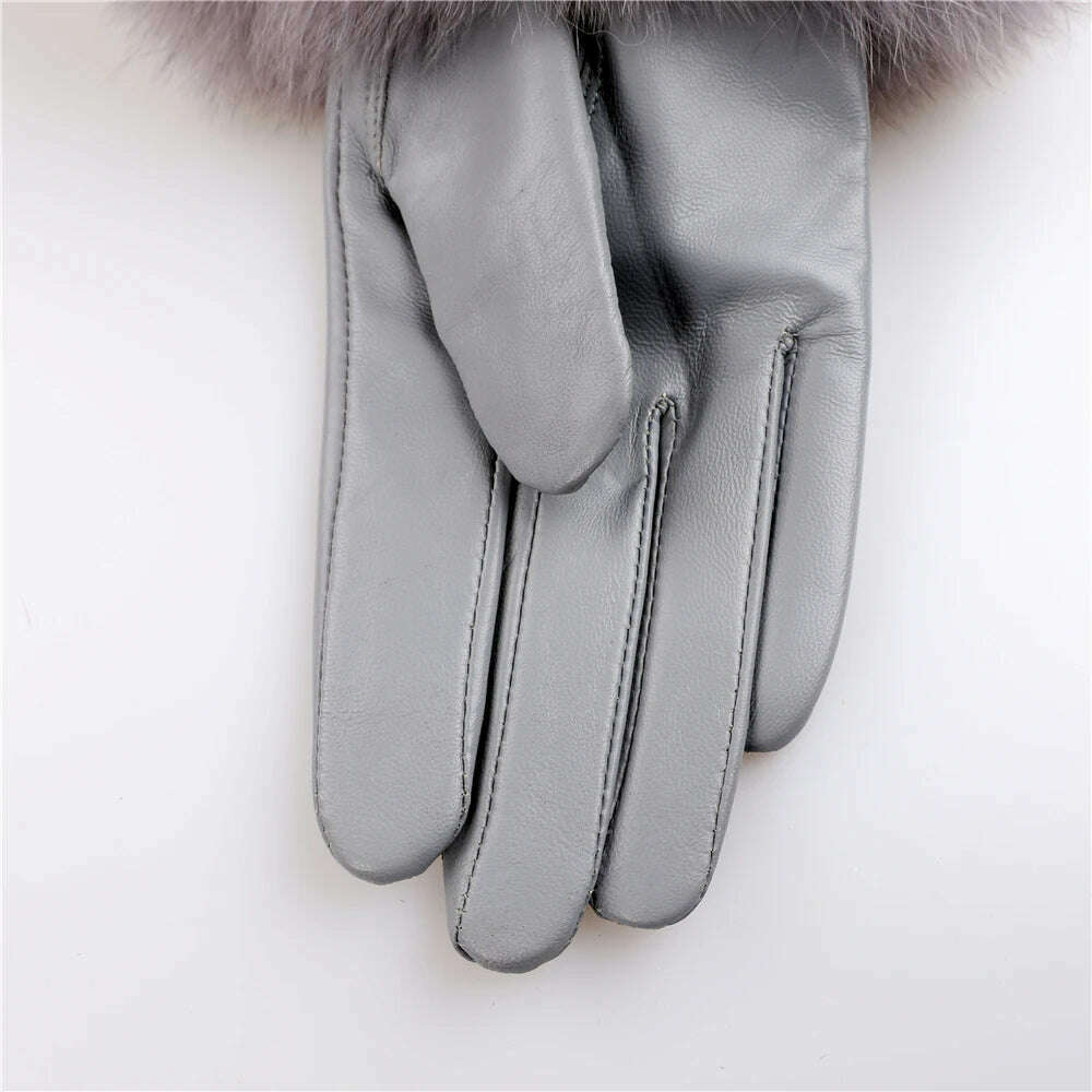 Sheepskin Natural Fox Fur Trimming Gloves Women's Genuine Leather Wrist Warmer Glove Winter Warm Fashion Mittens Fleece Lining - KIMLUD