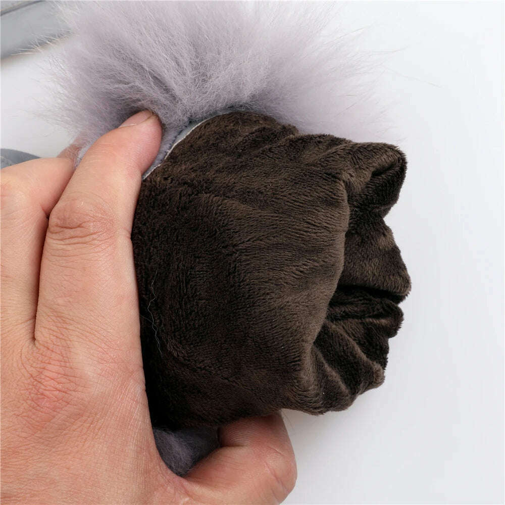 KIMLUD, Sheepskin Natural Fox Fur Trimming Gloves Women's Genuine Leather Wrist Warmer Glove Winter Warm Fashion  Mittens Fleece Lining, KIMLUD Womens Clothes