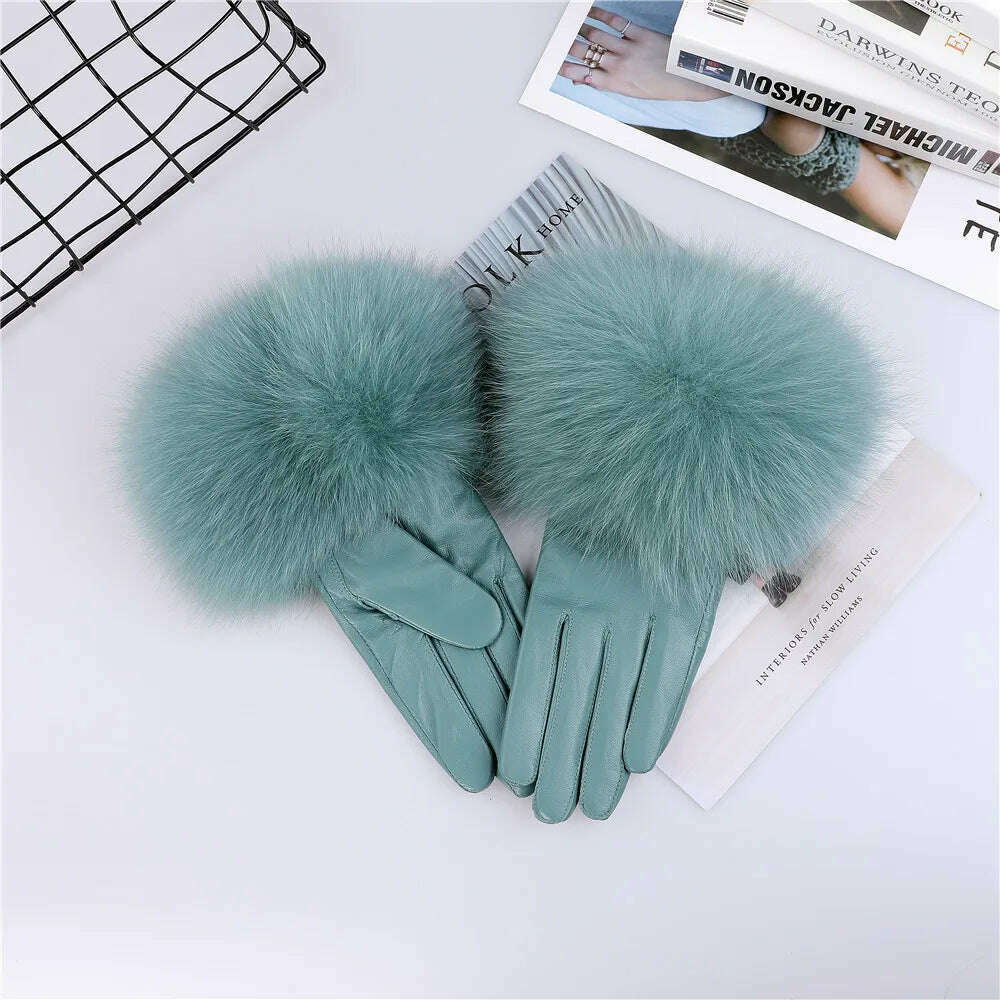 KIMLUD, Sheepskin Natural Fox Fur Trimming Gloves Women's Genuine Leather Wrist Warmer Glove Winter Warm Fashion  Mittens Fleece Lining, Green / S Palm 17cm, KIMLUD Women's Clothes