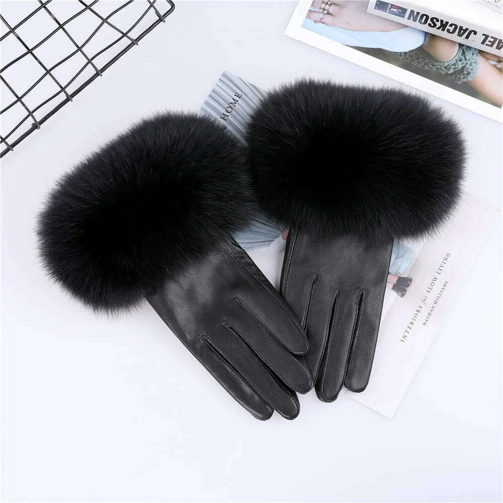 KIMLUD, Sheepskin Natural Fox Fur Trimming Gloves Women's Genuine Leather Wrist Warmer Glove Winter Warm Fashion  Mittens Fleece Lining, Black / S Palm 17cm, KIMLUD Womens Clothes
