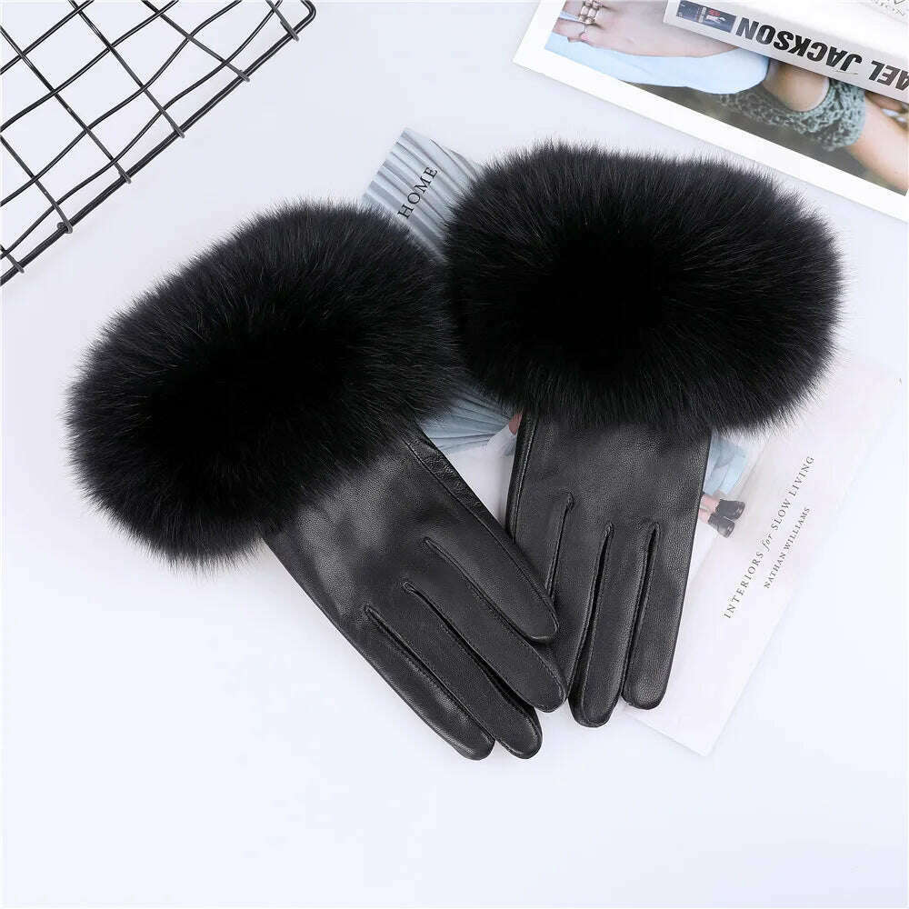 Sheepskin Natural Fox Fur Trimming Gloves Women's Genuine Leather Wrist Warmer Glove Winter Warm Fashion Mittens Fleece Lining - KIMLUD