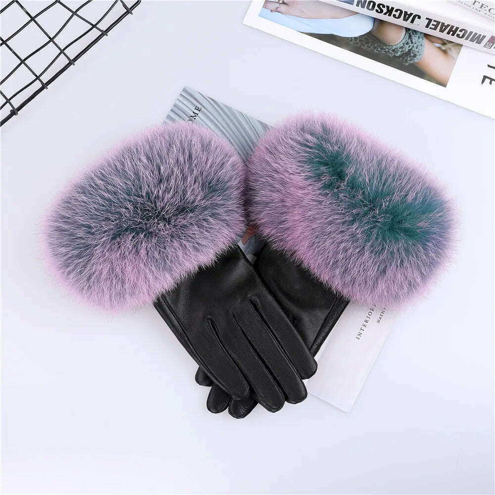 KIMLUD, Sheepskin Natural Fox Fur Trimming Gloves Women's Genuine Leather Wrist Warmer Glove Winter Warm Fashion  Mittens Fleece Lining, Multicolor / S Palm 17cm, KIMLUD Women's Clothes