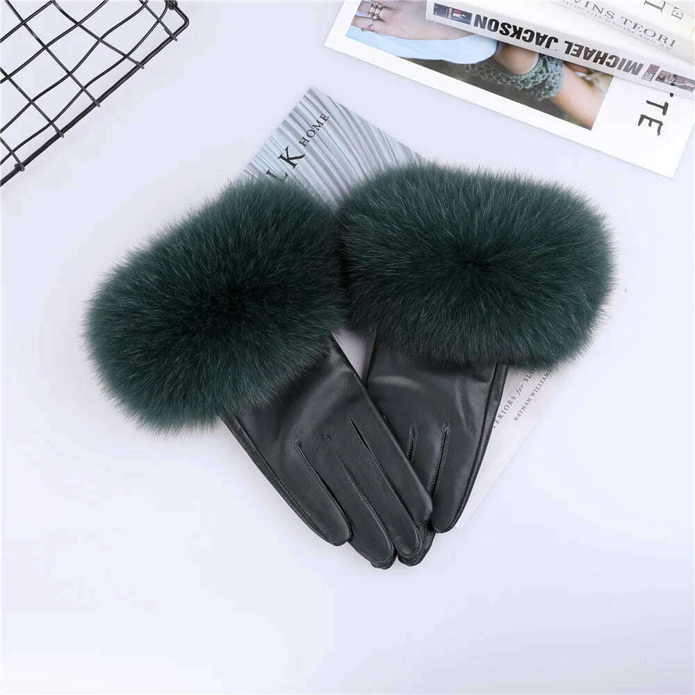 KIMLUD, Sheepskin Natural Fox Fur Trimming Gloves Women's Genuine Leather Wrist Warmer Glove Winter Warm Fashion  Mittens Fleece Lining, Blackish Green / S Palm 17cm, KIMLUD Women's Clothes