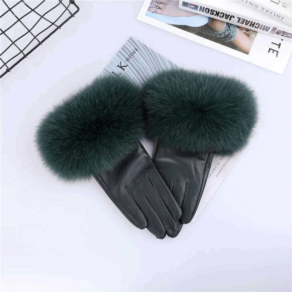Sheepskin Natural Fox Fur Trimming Gloves Women's Genuine Leather Wrist Warmer Glove Winter Warm Fashion Mittens Fleece Lining - KIMLUD