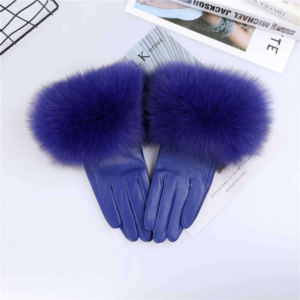 KIMLUD, Sheepskin Natural Fox Fur Trimming Gloves Women's Genuine Leather Wrist Warmer Glove Winter Warm Fashion  Mittens Fleece Lining, Royal Blue / S Palm 17cm, KIMLUD Womens Clothes