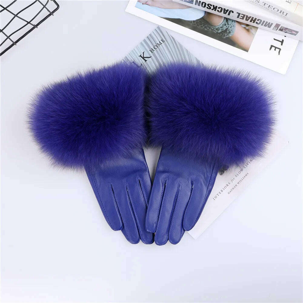 Sheepskin Natural Fox Fur Trimming Gloves Women's Genuine Leather Wrist Warmer Glove Winter Warm Fashion Mittens Fleece Lining - KIMLUD