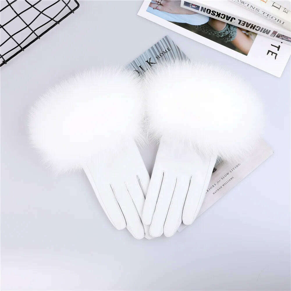 KIMLUD, Sheepskin Natural Fox Fur Trimming Gloves Women's Genuine Leather Wrist Warmer Glove Winter Warm Fashion  Mittens Fleece Lining, White / S Palm 17cm, KIMLUD Women's Clothes