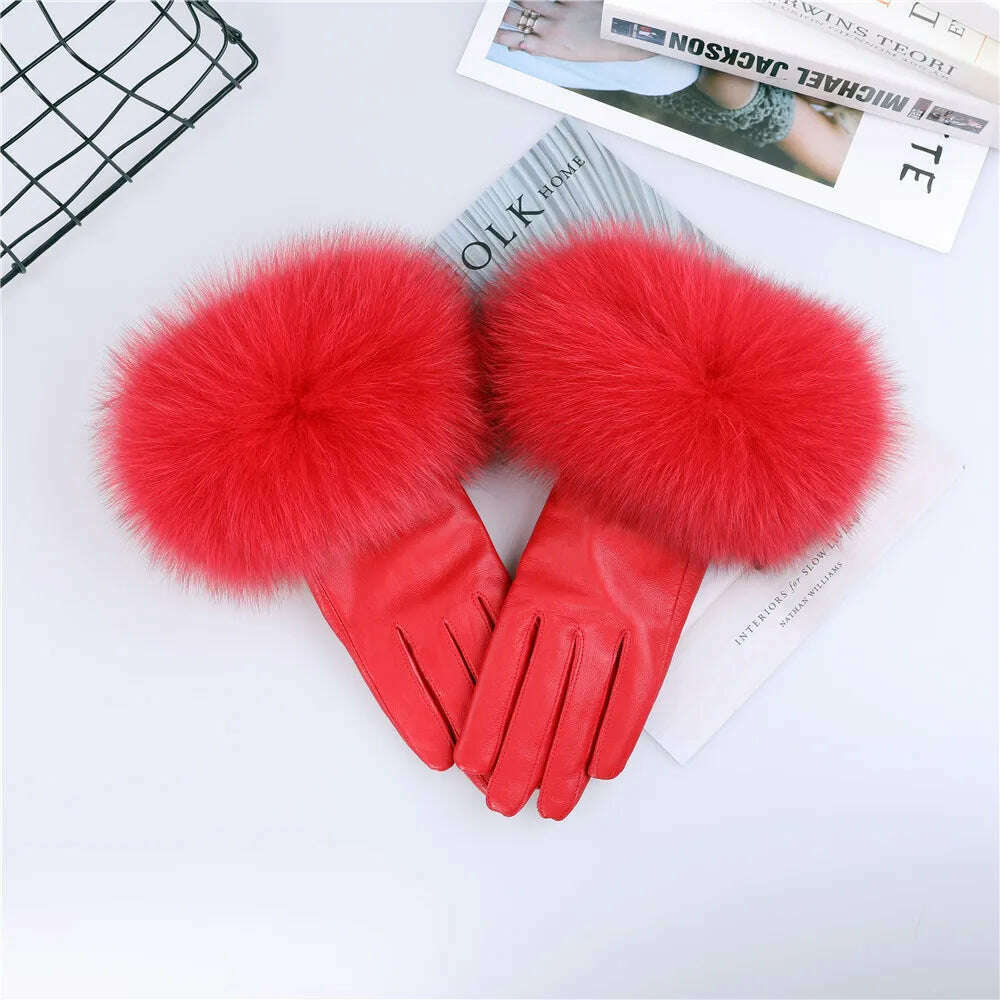 KIMLUD, Sheepskin Natural Fox Fur Trimming Gloves Women's Genuine Leather Wrist Warmer Glove Winter Warm Fashion  Mittens Fleece Lining, Red / S Palm 17cm, KIMLUD Womens Clothes