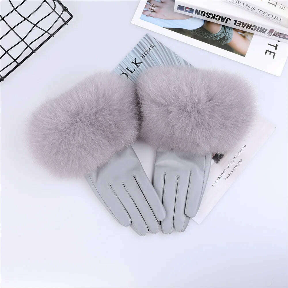 KIMLUD, Sheepskin Natural Fox Fur Trimming Gloves Women's Genuine Leather Wrist Warmer Glove Winter Warm Fashion  Mittens Fleece Lining, Grey / S Palm 17cm, KIMLUD Women's Clothes