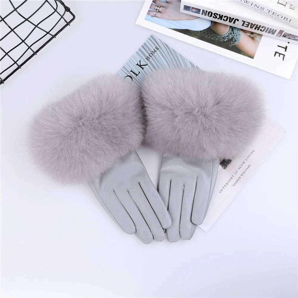 Sheepskin Natural Fox Fur Trimming Gloves Women's Genuine Leather Wrist Warmer Glove Winter Warm Fashion Mittens Fleece Lining - KIMLUD