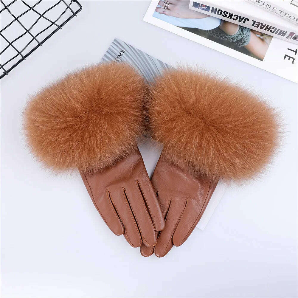 KIMLUD, Sheepskin Natural Fox Fur Trimming Gloves Women's Genuine Leather Wrist Warmer Glove Winter Warm Fashion  Mittens Fleece Lining, Brown / S Palm 17cm, KIMLUD Womens Clothes