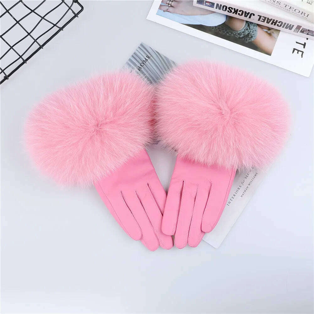 KIMLUD, Sheepskin Natural Fox Fur Trimming Gloves Women's Genuine Leather Wrist Warmer Glove Winter Warm Fashion  Mittens Fleece Lining, Pink / S Palm 17cm, KIMLUD Womens Clothes