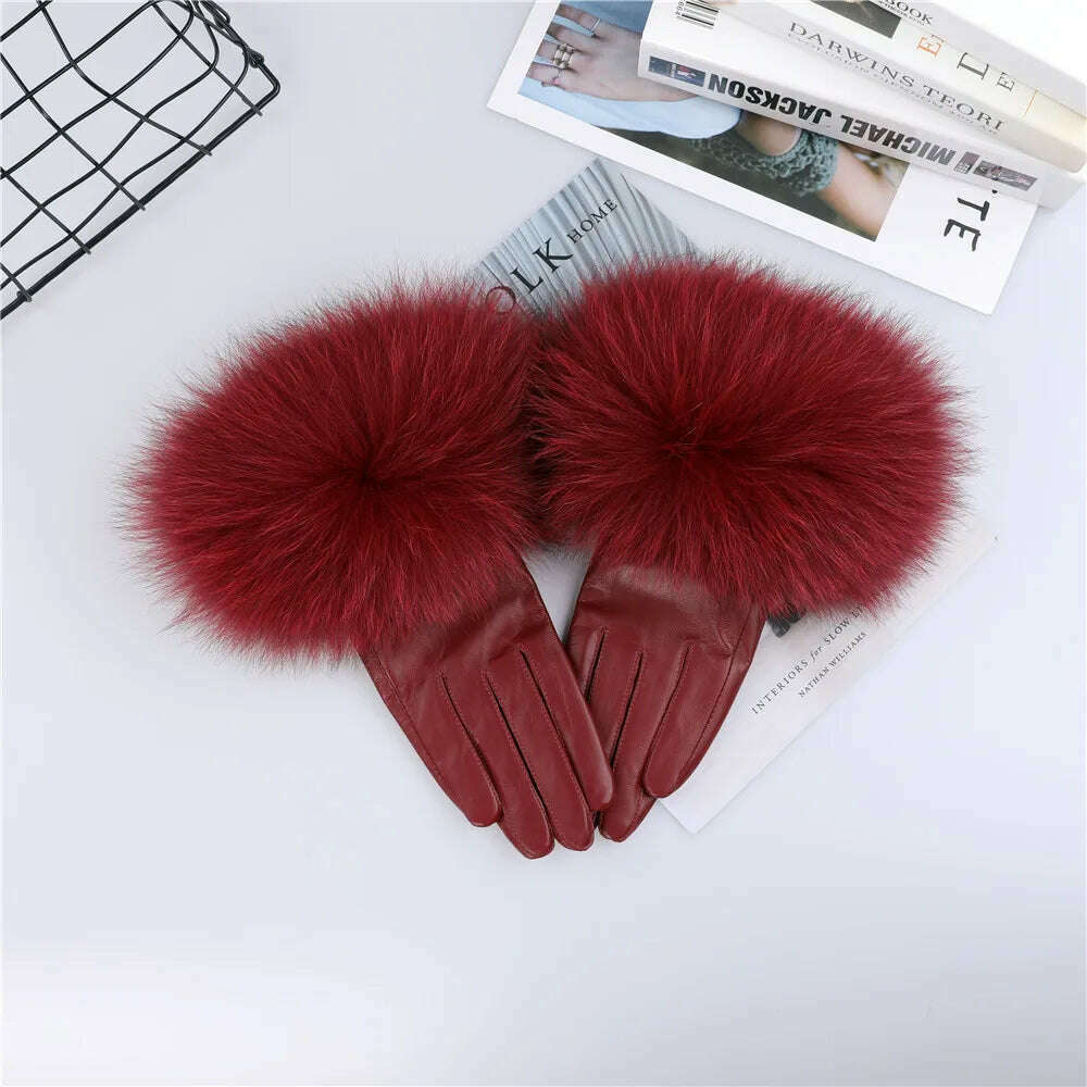 KIMLUD, Sheepskin Natural Fox Fur Trimming Gloves Women's Genuine Leather Wrist Warmer Glove Winter Warm Fashion  Mittens Fleece Lining, Wine Red / S Palm 17cm, KIMLUD Womens Clothes