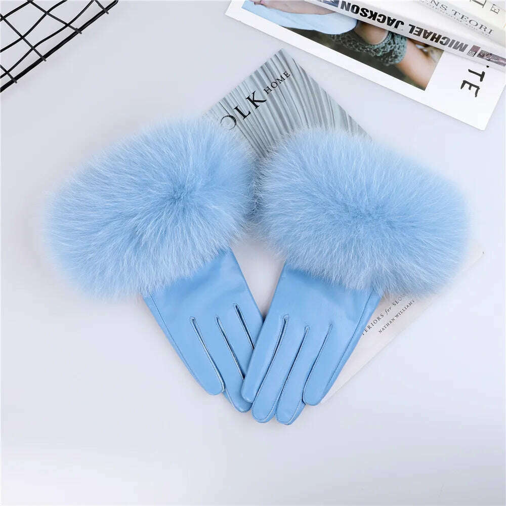 KIMLUD, Sheepskin Natural Fox Fur Trimming Gloves Women's Genuine Leather Wrist Warmer Glove Winter Warm Fashion  Mittens Fleece Lining, Blue / S Palm 17cm, KIMLUD Women's Clothes