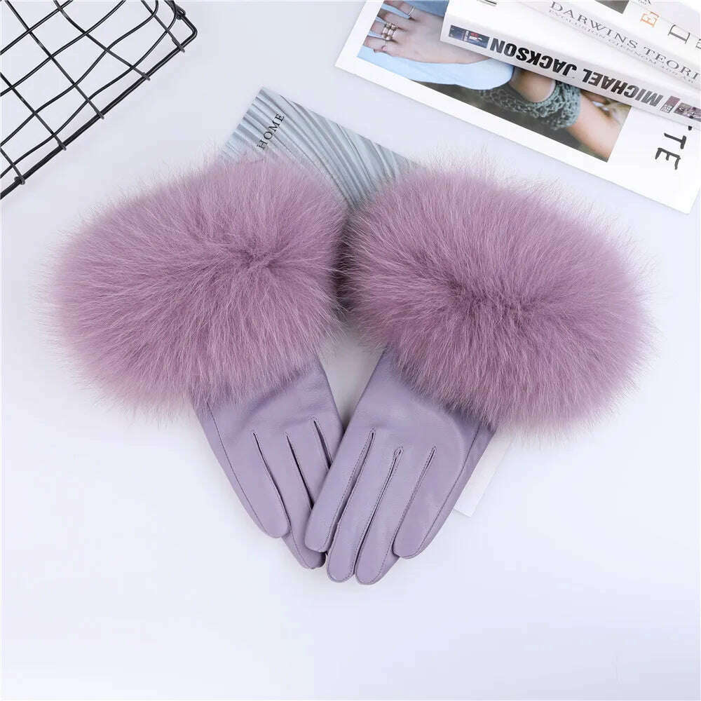 KIMLUD, Sheepskin Natural Fox Fur Trimming Gloves Women's Genuine Leather Wrist Warmer Glove Winter Warm Fashion  Mittens Fleece Lining, Violet / S Palm 17cm, KIMLUD Womens Clothes