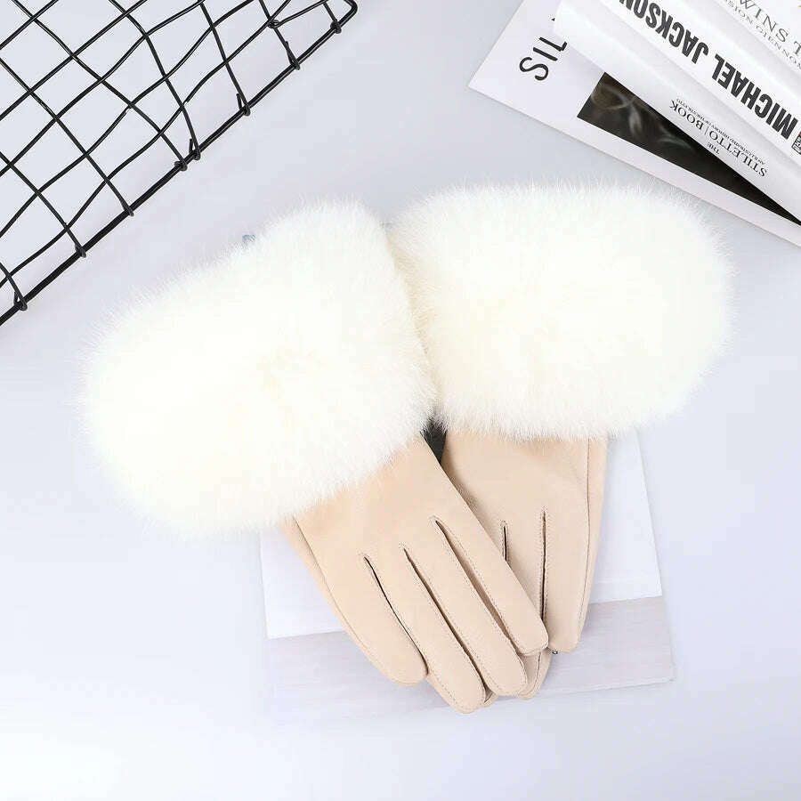 KIMLUD, Sheepskin Natural Fox Fur Trimming Gloves Women's Genuine Leather Wrist Warmer Glove Winter Warm Fashion  Mittens Fleece Lining, Beige / S Palm 17cm, KIMLUD Women's Clothes