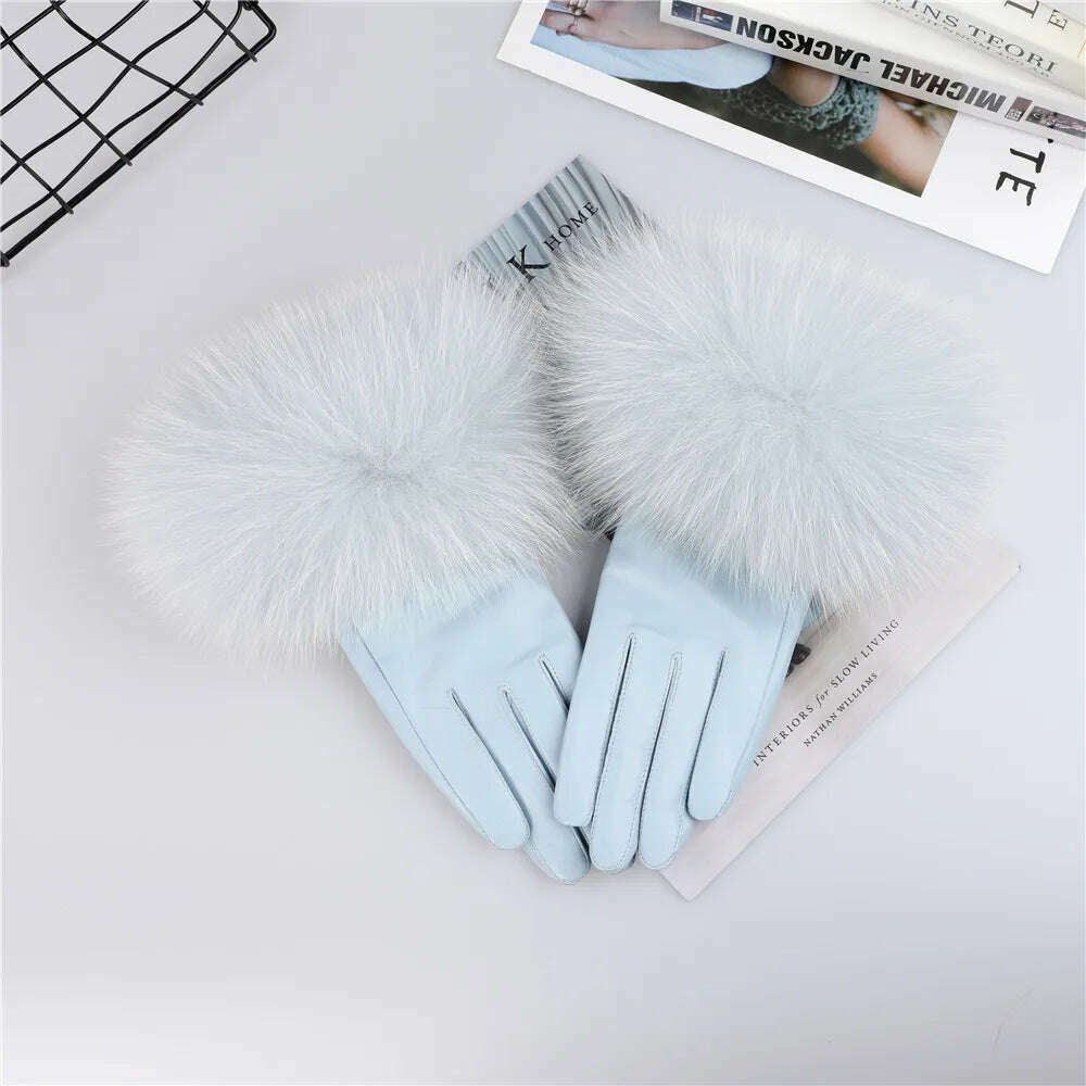 Sheepskin Natural Fox Fur Trimming Gloves Women's Genuine Leather Wrist Warmer Glove Winter Warm Fashion Mittens Fleece Lining - KIMLUD
