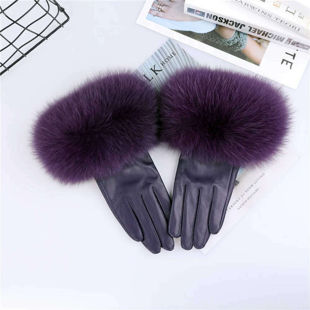 KIMLUD, Sheepskin Natural Fox Fur Trimming Gloves Women's Genuine Leather Wrist Warmer Glove Winter Warm Fashion  Mittens Fleece Lining, Purple / S Palm 17cm, KIMLUD Women's Clothes