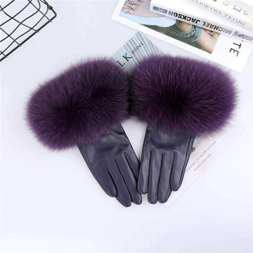 Sheepskin Natural Fox Fur Trimming Gloves Women's Genuine Leather Wrist Warmer Glove Winter Warm Fashion Mittens Fleece Lining - KIMLUD