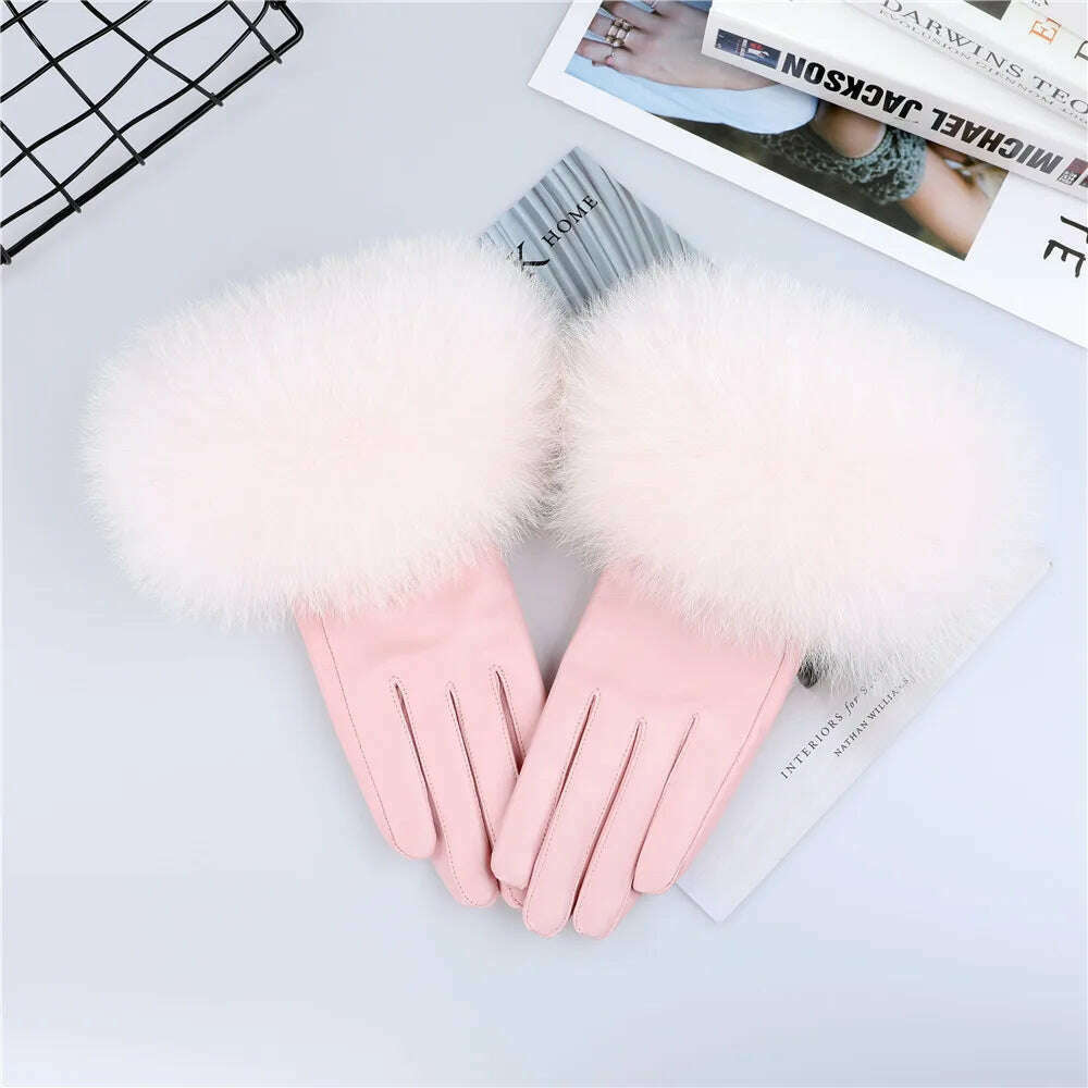 KIMLUD, Sheepskin Natural Fox Fur Trimming Gloves Women's Genuine Leather Wrist Warmer Glove Winter Warm Fashion  Mittens Fleece Lining, Light Pink / S Palm 17cm, KIMLUD Womens Clothes