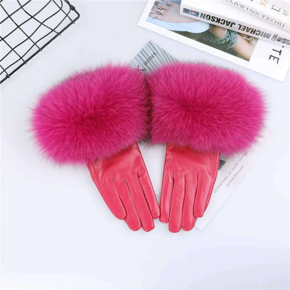 KIMLUD, Sheepskin Natural Fox Fur Trimming Gloves Women's Genuine Leather Wrist Warmer Glove Winter Warm Fashion  Mittens Fleece Lining, Hot Pink / S Palm 17cm, KIMLUD Women's Clothes
