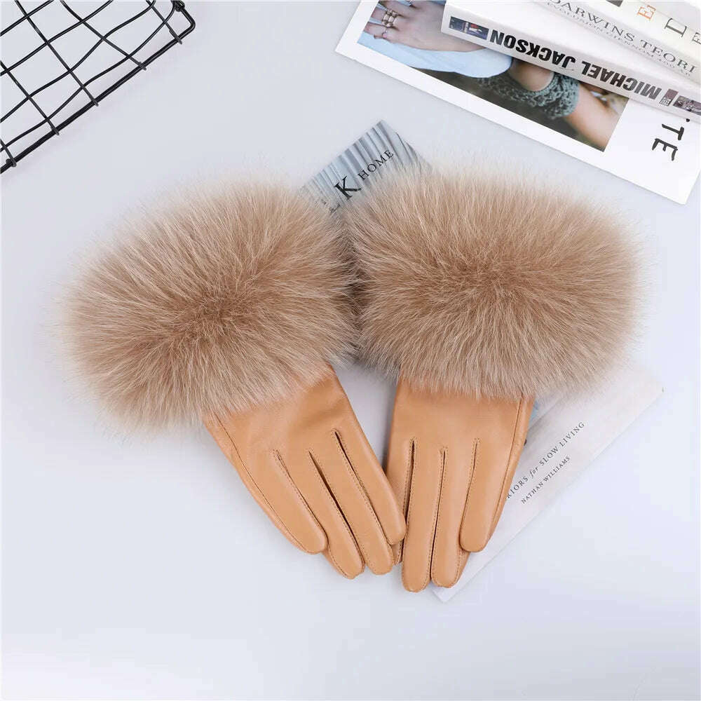 KIMLUD, Sheepskin Natural Fox Fur Trimming Gloves Women's Genuine Leather Wrist Warmer Glove Winter Warm Fashion  Mittens Fleece Lining, Tan / S Palm 17cm, KIMLUD Women's Clothes