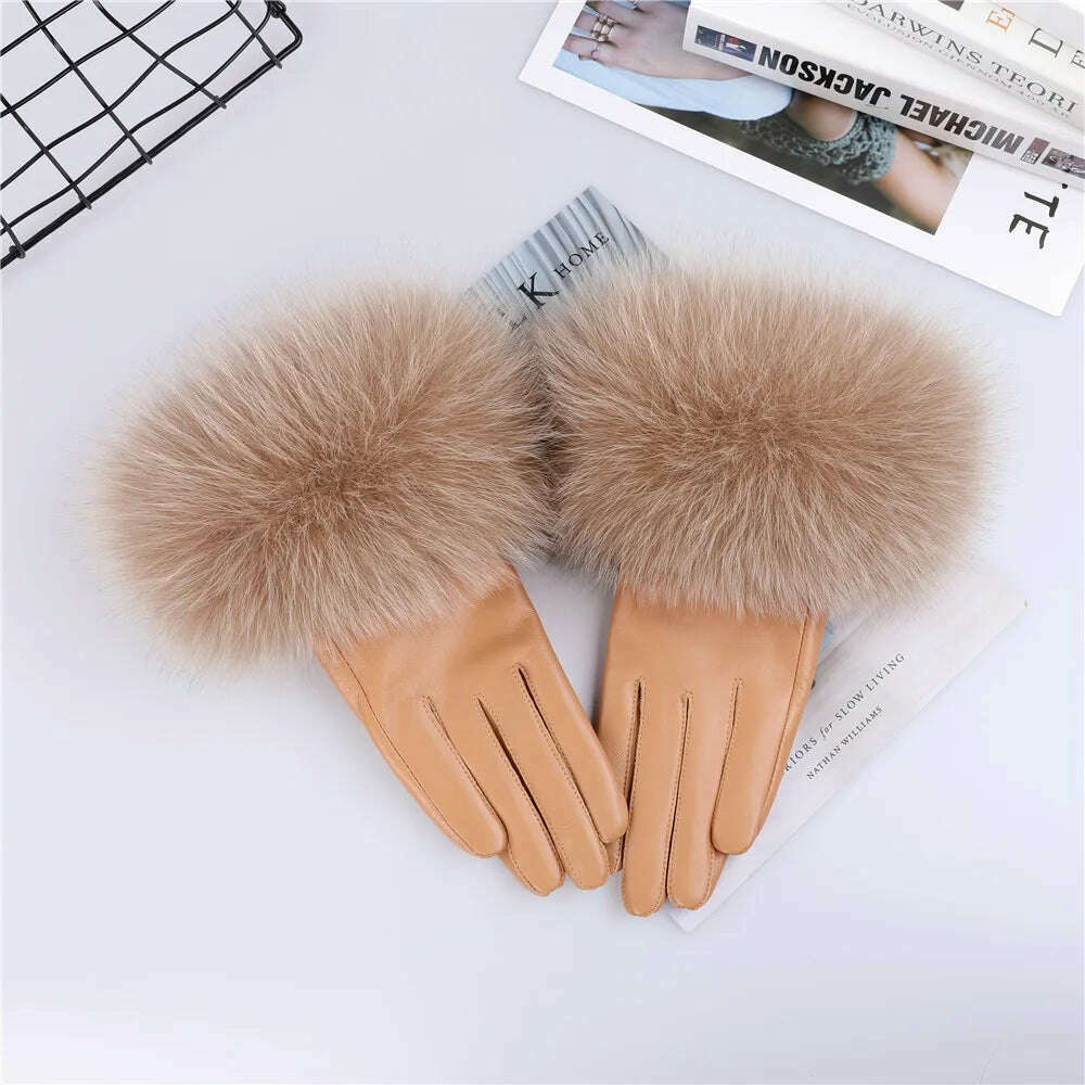 Sheepskin Natural Fox Fur Trimming Gloves Women's Genuine Leather Wrist Warmer Glove Winter Warm Fashion Mittens Fleece Lining - KIMLUD