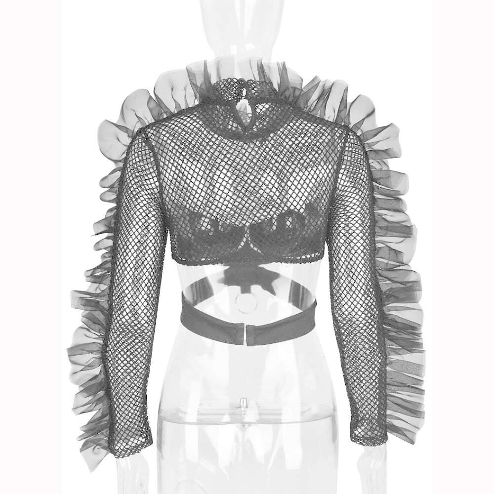 KIMLUD, Sheer Mesh Ruffle Long Sleeve Tee Shirt Fishnet See Through Sexy Women Punk Belt Tops Ladies Elegant Party Club Y2K Clothes, KIMLUD Womens Clothes