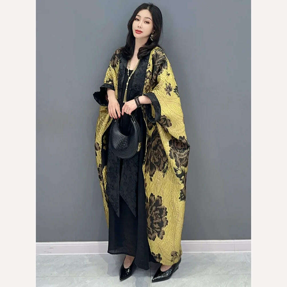 KIMLUD, SHENGPALAE Chinese Style Flower Print Dark Casual Loose Bat Sleeve Elegant Chic Cardigan Coat 2024 Spring New Clothing 5R2236, KIMLUD Womens Clothes