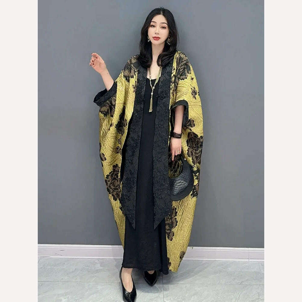 KIMLUD, SHENGPALAE Chinese Style Flower Print Dark Casual Loose Bat Sleeve Elegant Chic Cardigan Coat 2024 Spring New Clothing 5R2236, KIMLUD Women's Clothes