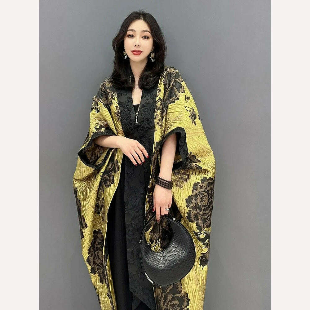 KIMLUD, SHENGPALAE Chinese Style Flower Print Dark Casual Loose Bat Sleeve Elegant Chic Cardigan Coat 2024 Spring New Clothing 5R2236, KIMLUD Womens Clothes