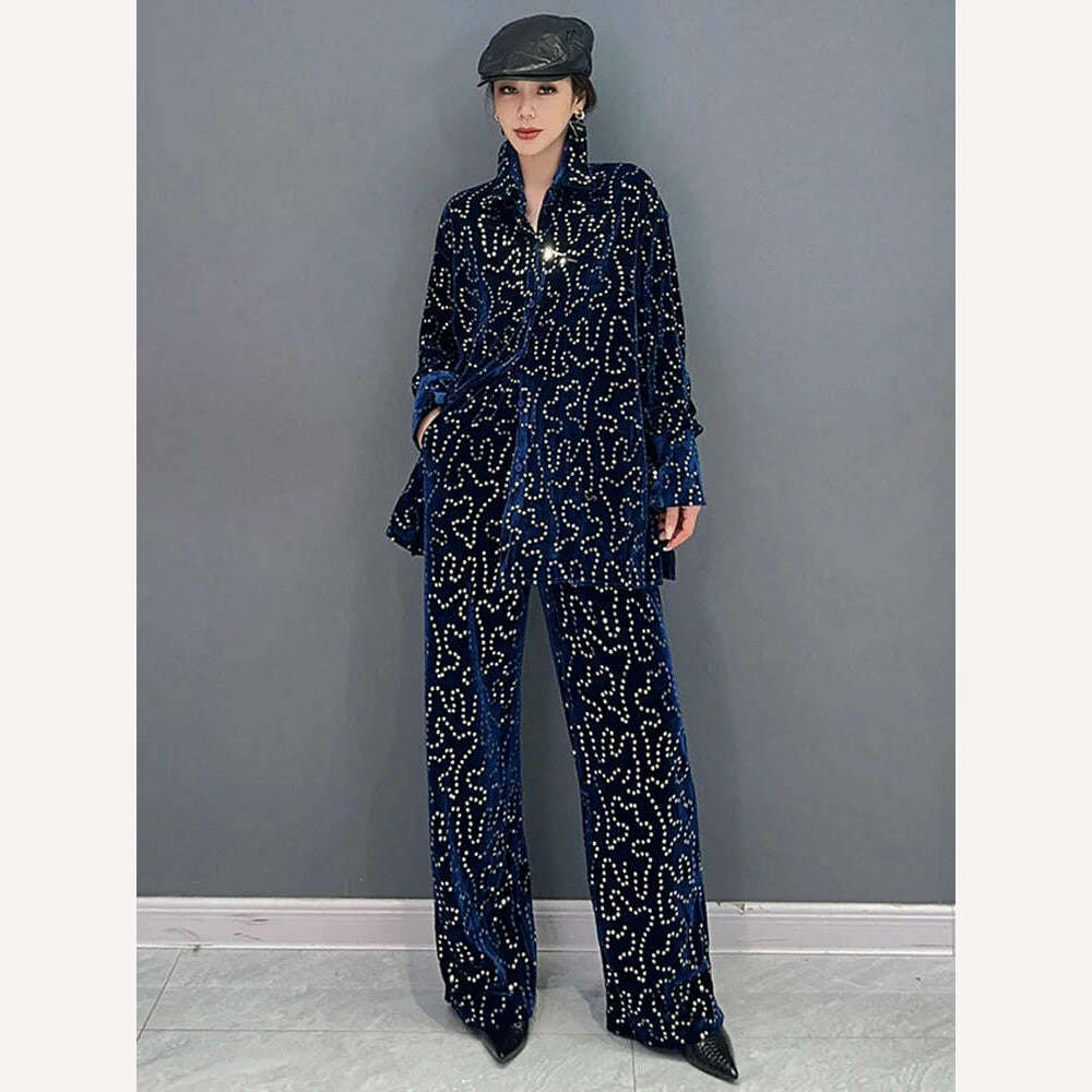 KIMLUD, SHENGPALAE Fashion Women Two Pieces Sets Sequins Spliced Lapel Temperament Tops Versatile Wide Leg Pants Autumn 2024 New 5R7047, Blue / One Size, KIMLUD Women's Clothes
