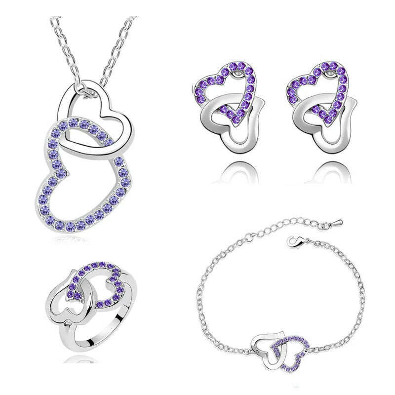 KIMLUD, shine rhinestones Double Heart necklace bracelet earrings ring fashion Jewelry set dropshipping Lover birthday gifts charm girls, purple, KIMLUD Women's Clothes