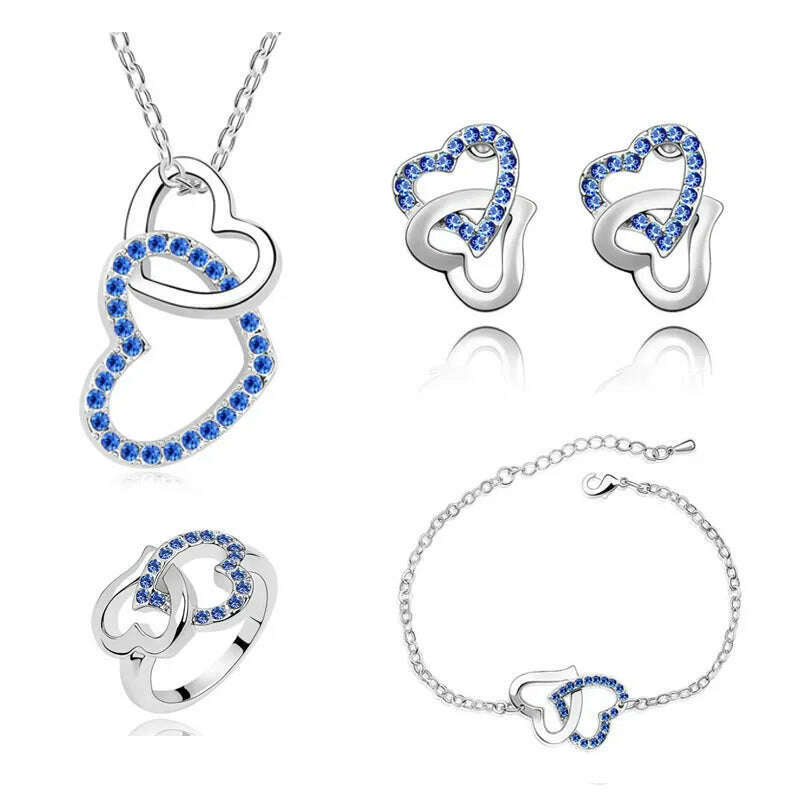 KIMLUD, shine rhinestones Double Heart necklace bracelet earrings ring fashion Jewelry set dropshipping Lover birthday gifts charm girls, darkblue, KIMLUD APPAREL - Womens Clothes