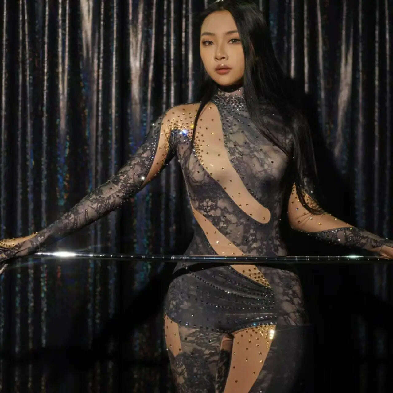 KIMLUD, Shining Rhinestone Jumpsuit for Women Gloves Dancer Nightclub Performance Costume Female Stage Wear Party Outfit bodycon leotard, KIMLUD Womens Clothes