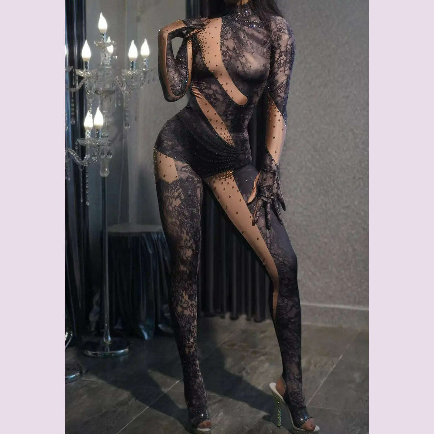KIMLUD, Shining Rhinestone Jumpsuit for Women Gloves Dancer Nightclub Performance Costume Female Stage Wear Party Outfit bodycon leotard, black / Stretch Free Size / CHINA, KIMLUD APPAREL - Womens Clothes