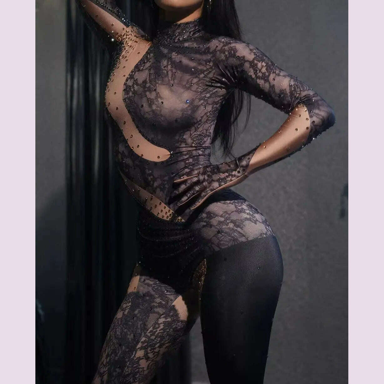 KIMLUD, Shining Rhinestone Jumpsuit for Women Gloves Dancer Nightclub Performance Costume Female Stage Wear Party Outfit bodycon leotard, KIMLUD Womens Clothes