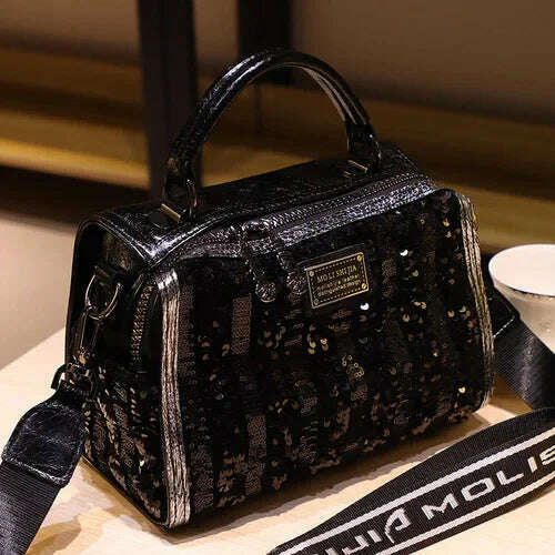 KIMLUD, Shining Sequines Women Handbag Ita Bag Real Leather Shoulder Bags Luxury Designer Bolsas De Mujer Top Handle Tote Sac A Main, Black / 25x13x18cm, KIMLUD Womens Clothes