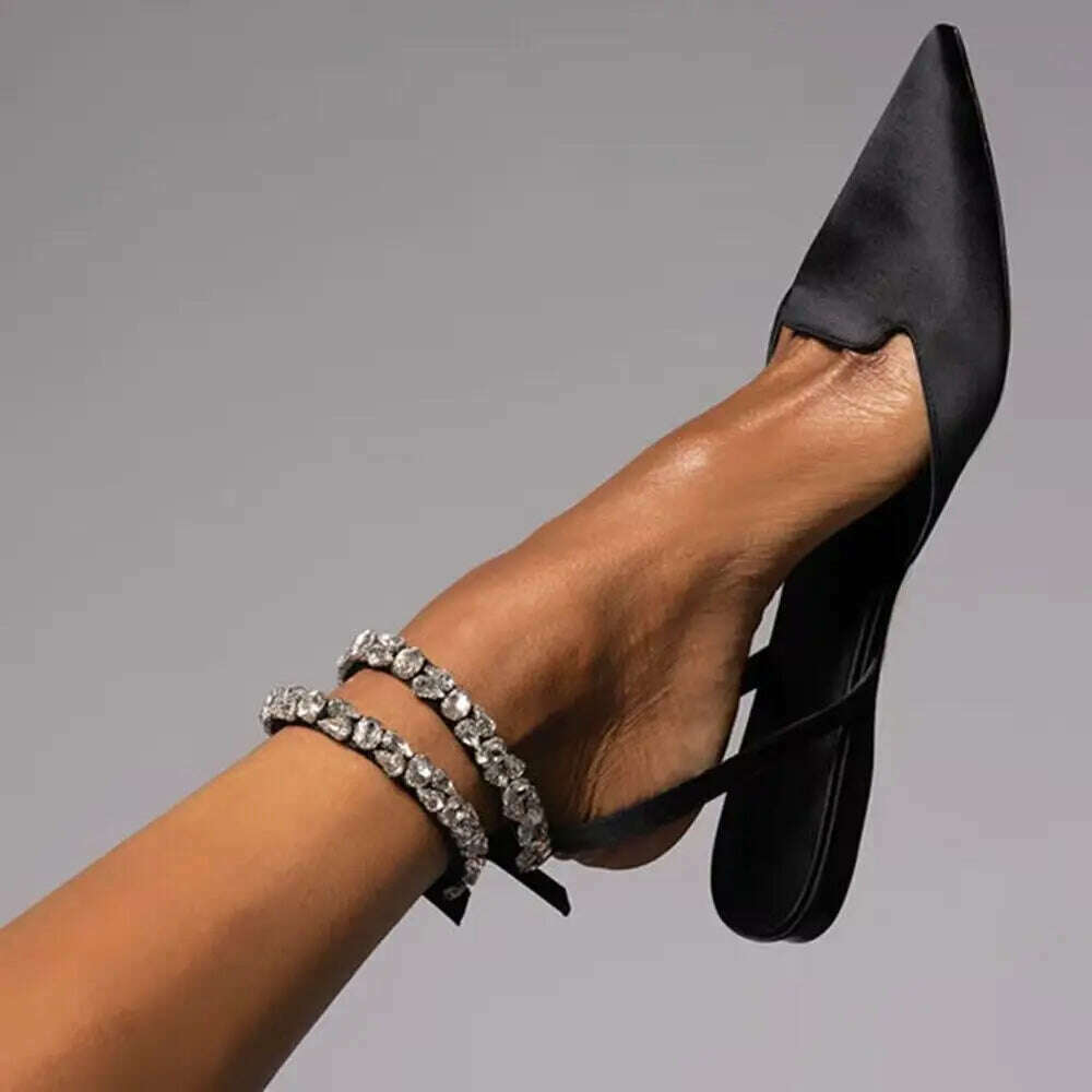 KIMLUD, Shiny Crystal Flat Heels Gladiator Sandals Women 2023 Summer Pointed Toe Pink Party Shoes Woman Plus Size 42 Ankle Straps Pumps, Black / 35, KIMLUD APPAREL - Womens Clothes