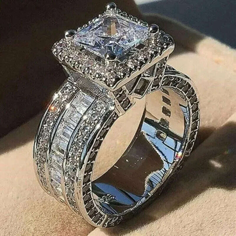 KIMLUD, Shiny Halo Ring Inlaid Square Cut Shiny Zircon Elegant Wedding Engagement Promise Ring For Women & Girls Valentine's Day Jewelry, White / 10, KIMLUD Womens Clothes