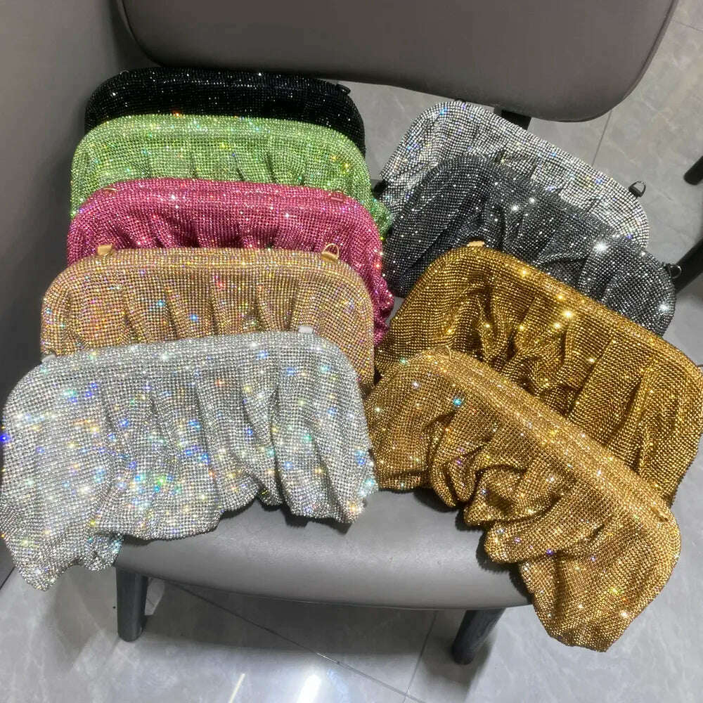 Shiny handle Rhinestones Handmade Evening Clutch Bags New Folds Purses And Handbags Luxury Designer Wedding Party High Quality - KIMLUD