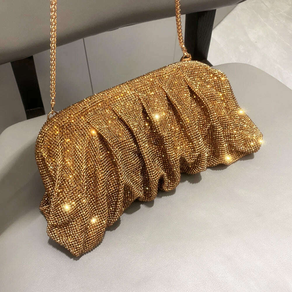 Shiny handle Rhinestones Handmade Evening Clutch Bags New Folds Purses And Handbags Luxury Designer Wedding Party High Quality - KIMLUD