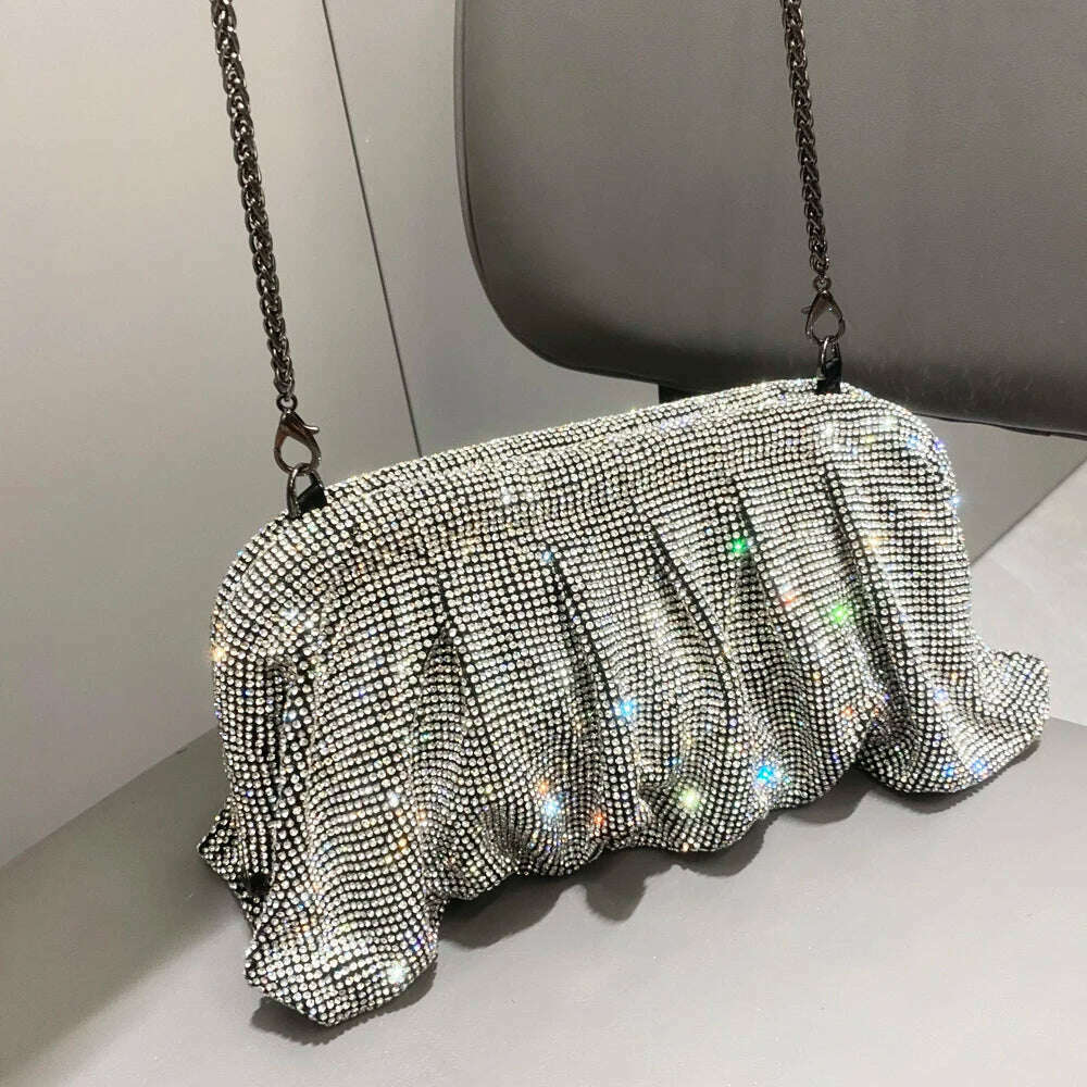 Shiny handle Rhinestones Handmade Evening Clutch Bags New Folds Purses And Handbags Luxury Designer Wedding Party High Quality - KIMLUD