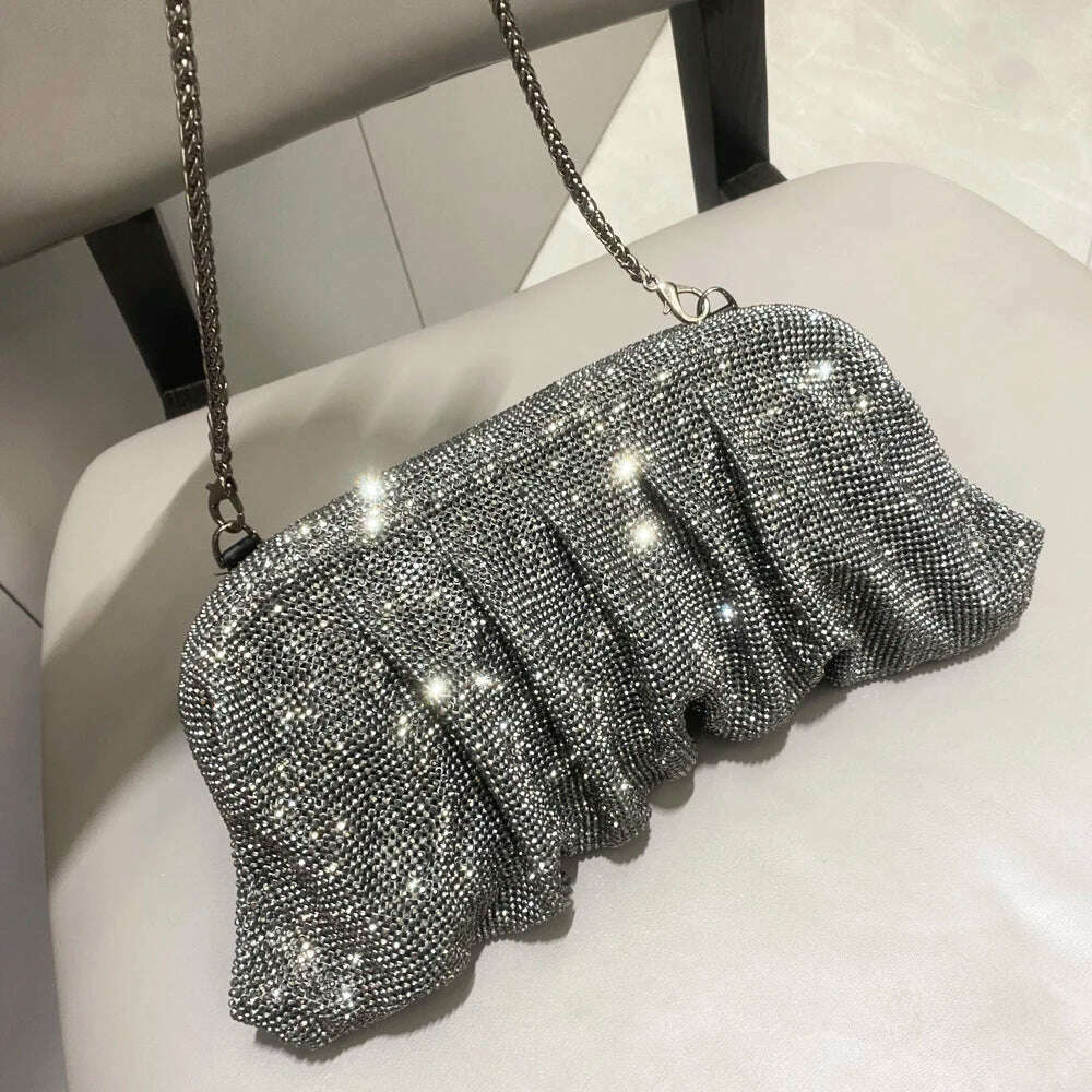 KIMLUD, Shiny handle Rhinestones Handmade Evening Clutch Bags New Folds Purses And Handbags Luxury Designer Wedding Party High Quality, Gun color, KIMLUD Womens Clothes