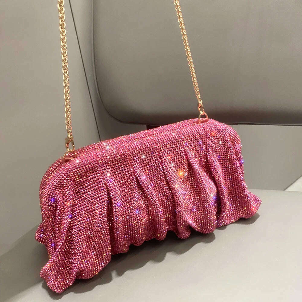 Shiny handle Rhinestones Handmade Evening Clutch Bags New Folds Purses And Handbags Luxury Designer Wedding Party High Quality - KIMLUD