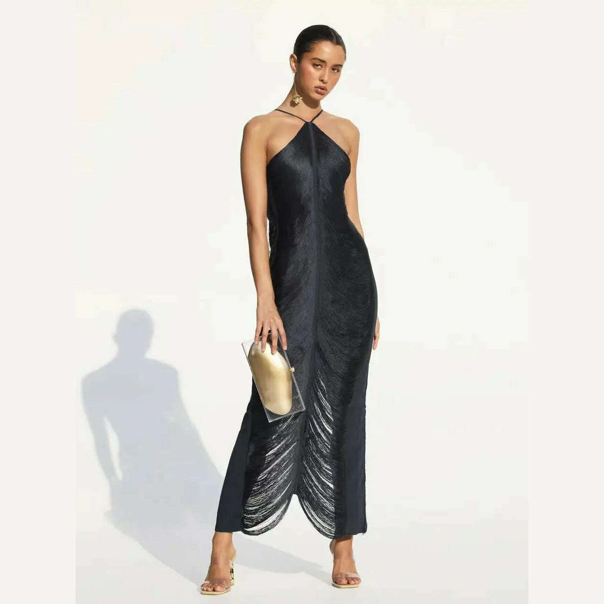 KIMLUD, Shiny Metallic Halter Slim Mini Dress For Women Female Sleeveless Backless Bodycon Vestidos Ladies Party Club Evening Robes, Black / S, KIMLUD APPAREL - Womens Clothes