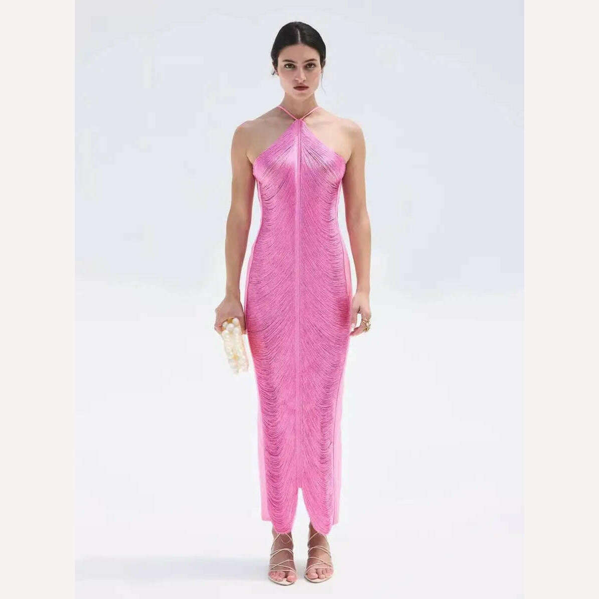 KIMLUD, Shiny Metallic Halter Slim Mini Dress For Women Female Sleeveless Backless Bodycon Vestidos Ladies Party Club Evening Robes, Pink / S, KIMLUD APPAREL - Womens Clothes